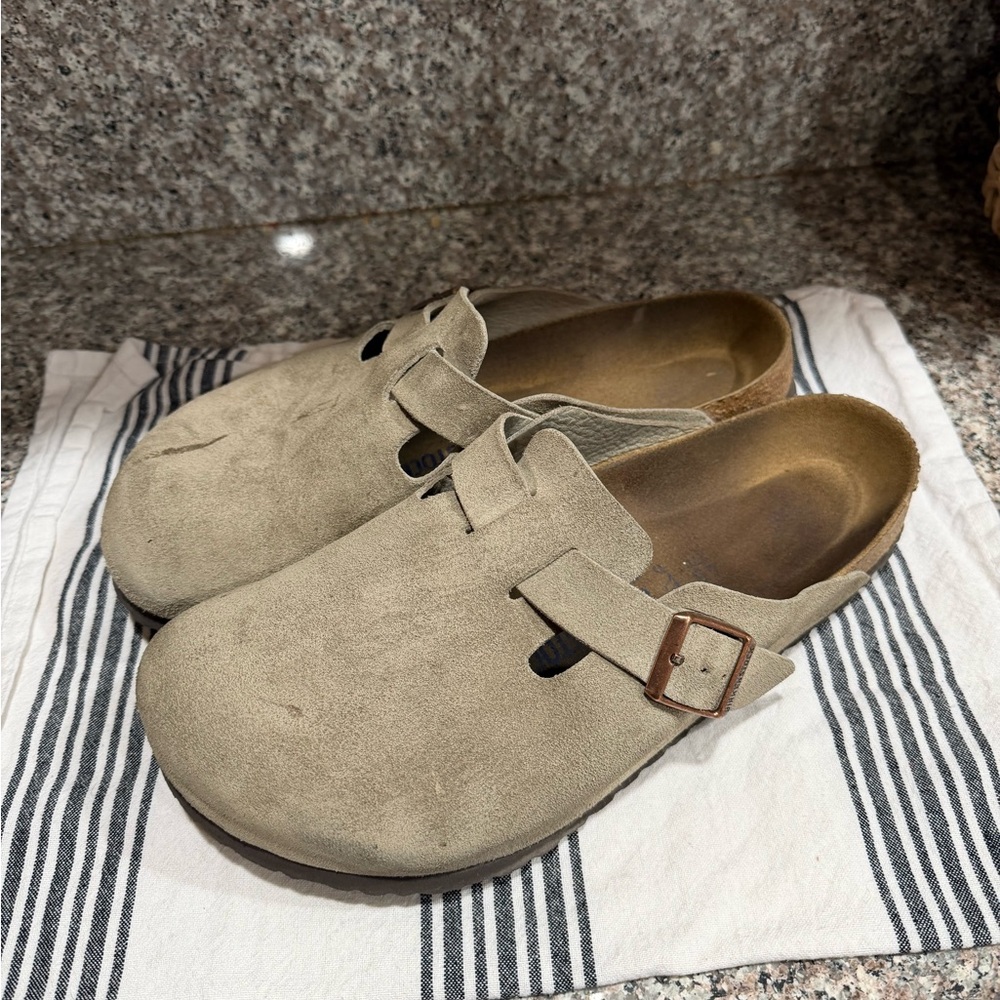 Birkenstock Beige Suede Boston Clogs with Buckle